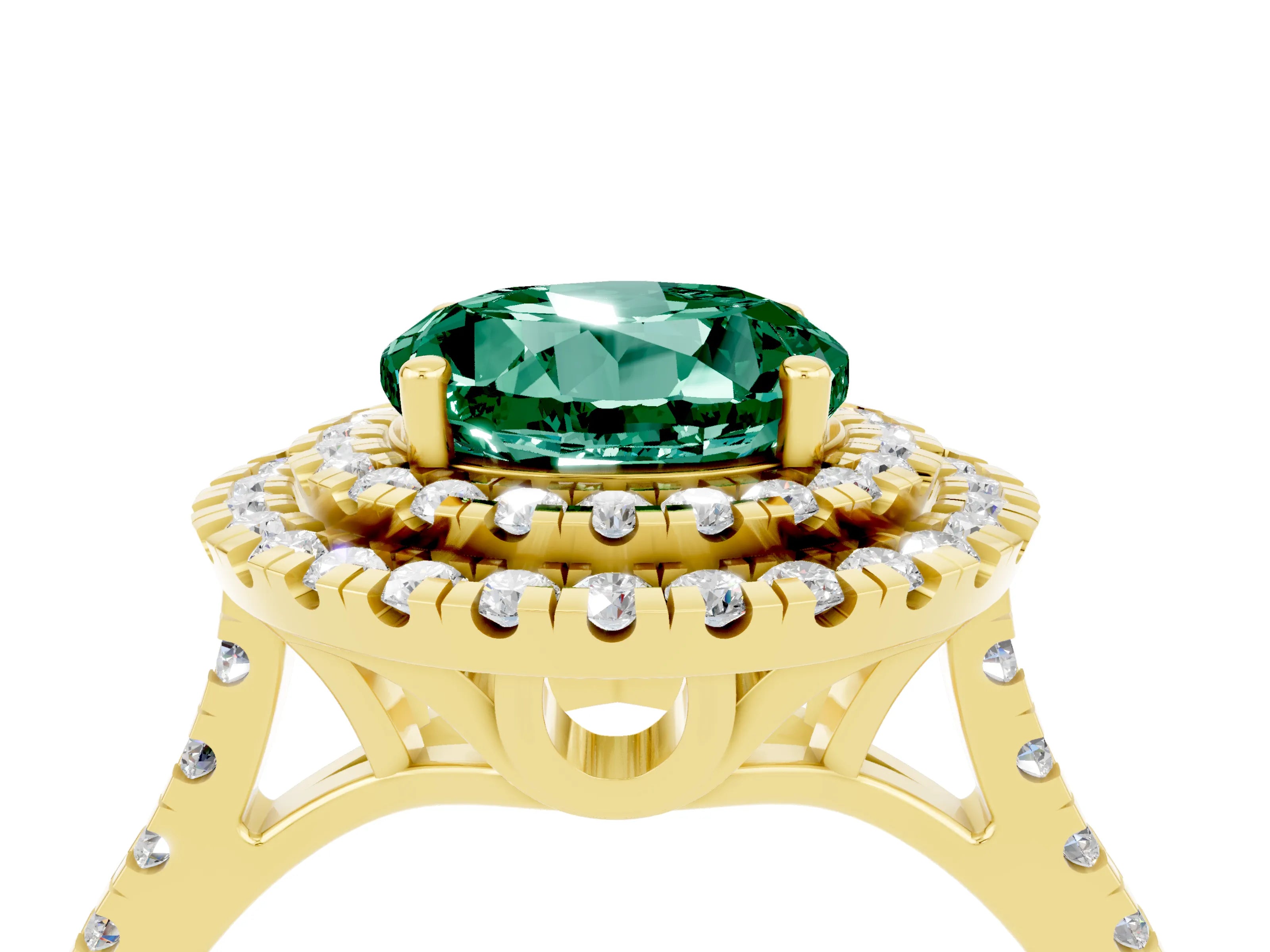 Yellow gold Double Halo Round Cut Green Sapphire Pavé Band with Four-Prong Setting_4