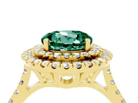 Yellow gold Double Halo Round Cut Green Sapphire Pavé Band with Four-Prong Setting_4