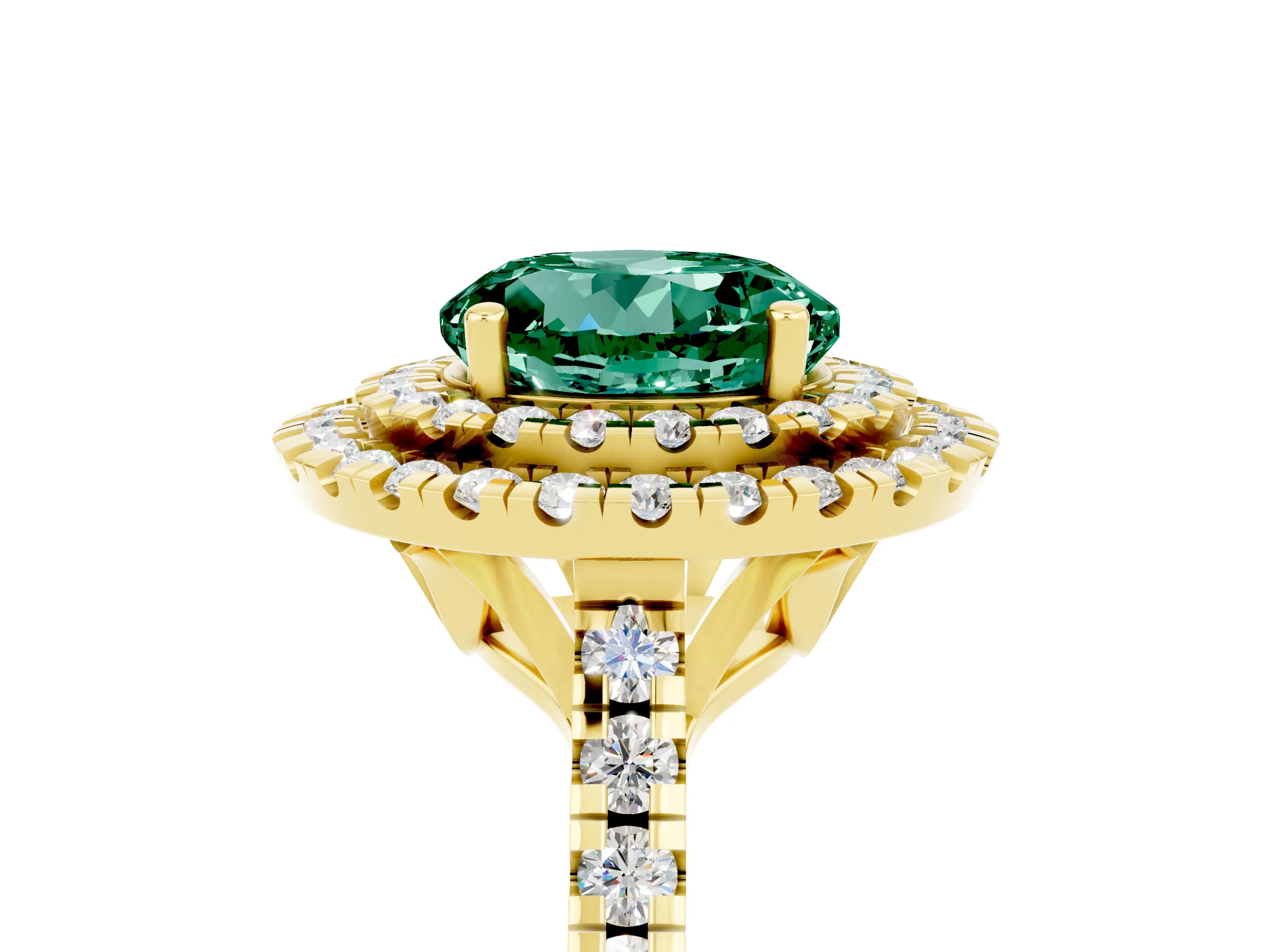 Yellow gold Double Halo Round Cut Green Sapphire Pavé Band with Four-Prong Setting_5