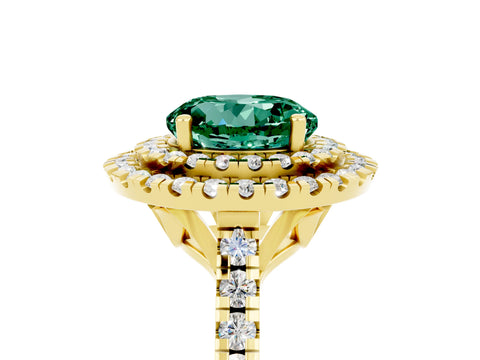 Yellow gold Double Halo Round Cut Green Sapphire Pavé Band with Four-Prong Setting_5