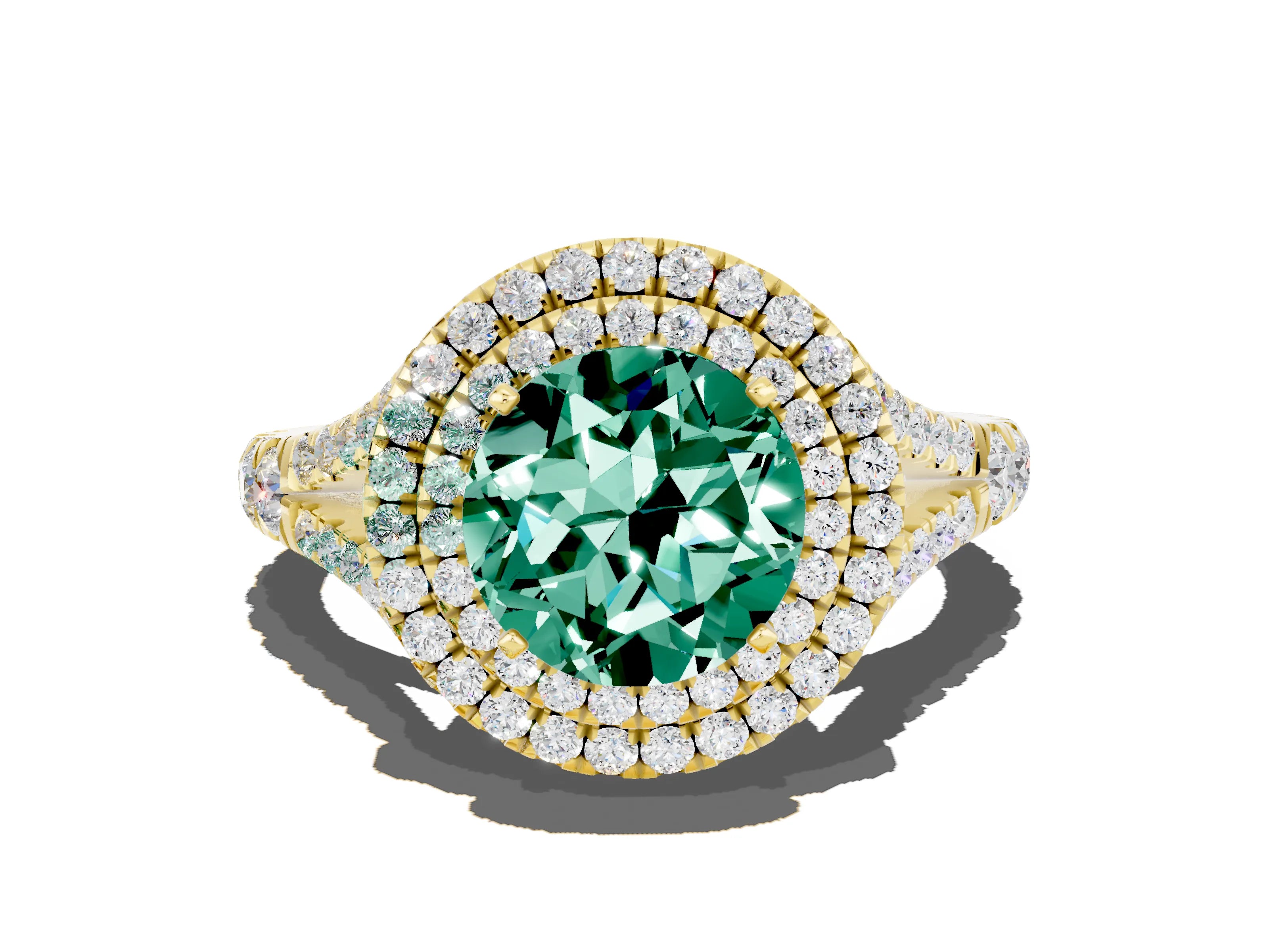 Yellow gold Double Halo Round Cut Green Sapphire Pavé Split Shank Ring with Prong Setting