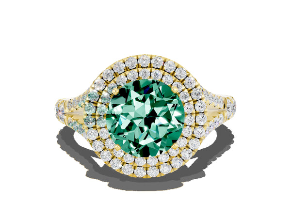 Yellow gold Double Halo Round Cut Green Sapphire Pavé Split Shank Ring with Prong Setting