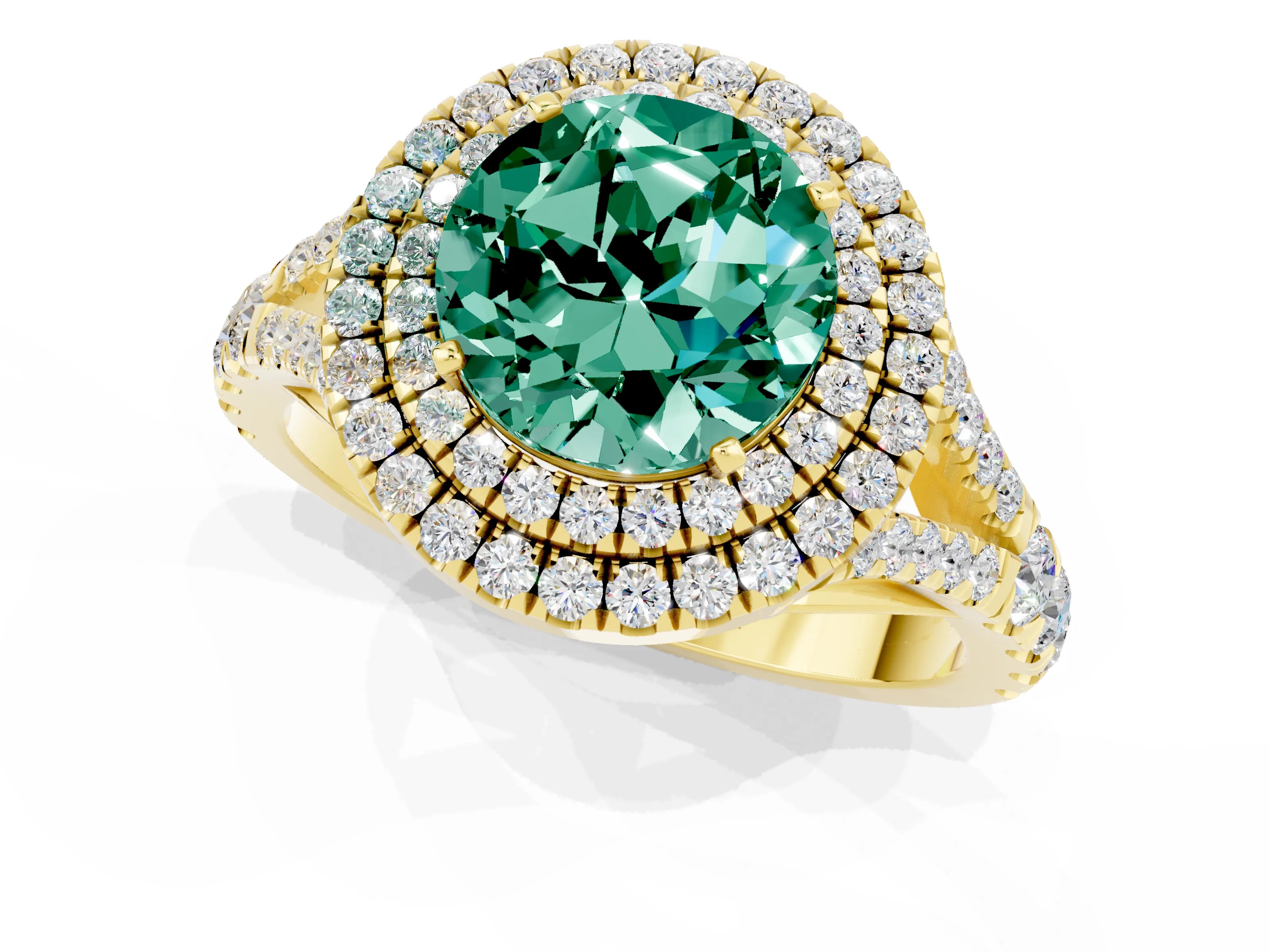 Yellow gold Double Halo Round Cut Green Sapphire Pavé Split Shank Ring with Prong Setting_1
