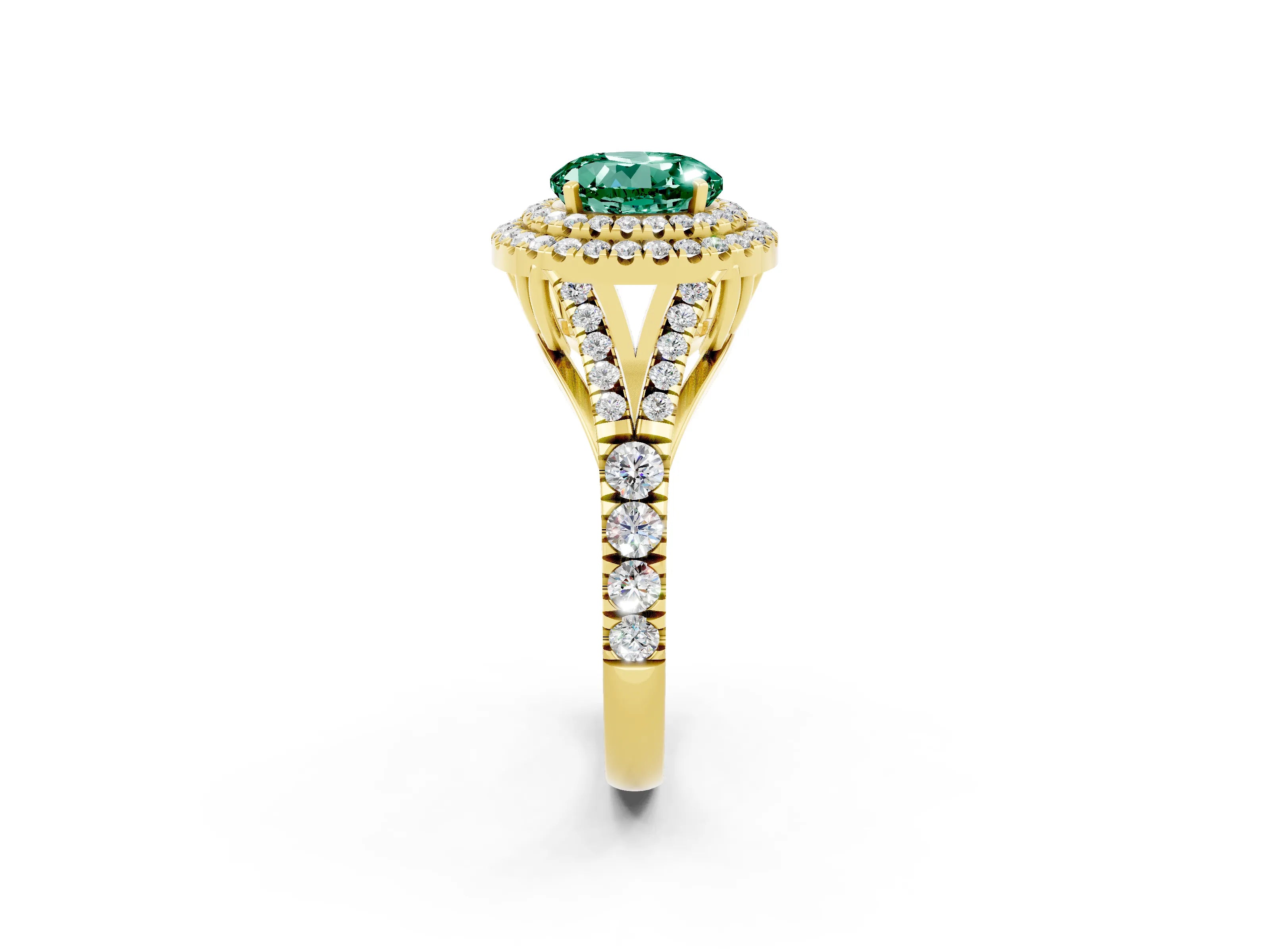 Yellow gold Double Halo Round Cut Green Sapphire Pavé Split Shank Ring with Prong Setting_2