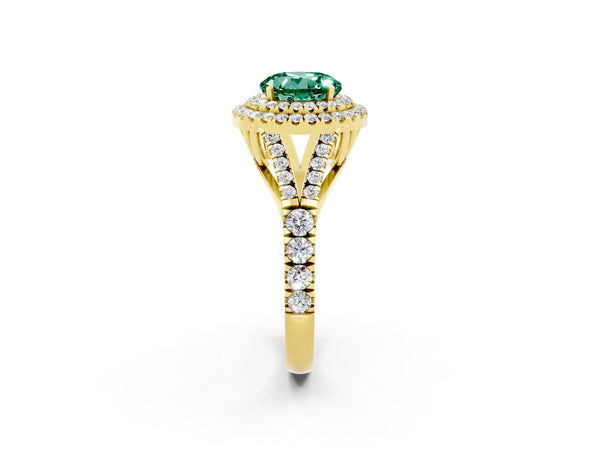 Yellow gold Double Halo Round Cut Green Sapphire Pavé Split Shank Ring with Prong Setting