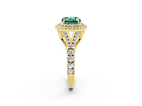 Yellow gold Double Halo Round Cut Green Sapphire Pavé Split Shank Ring with Prong Setting_2