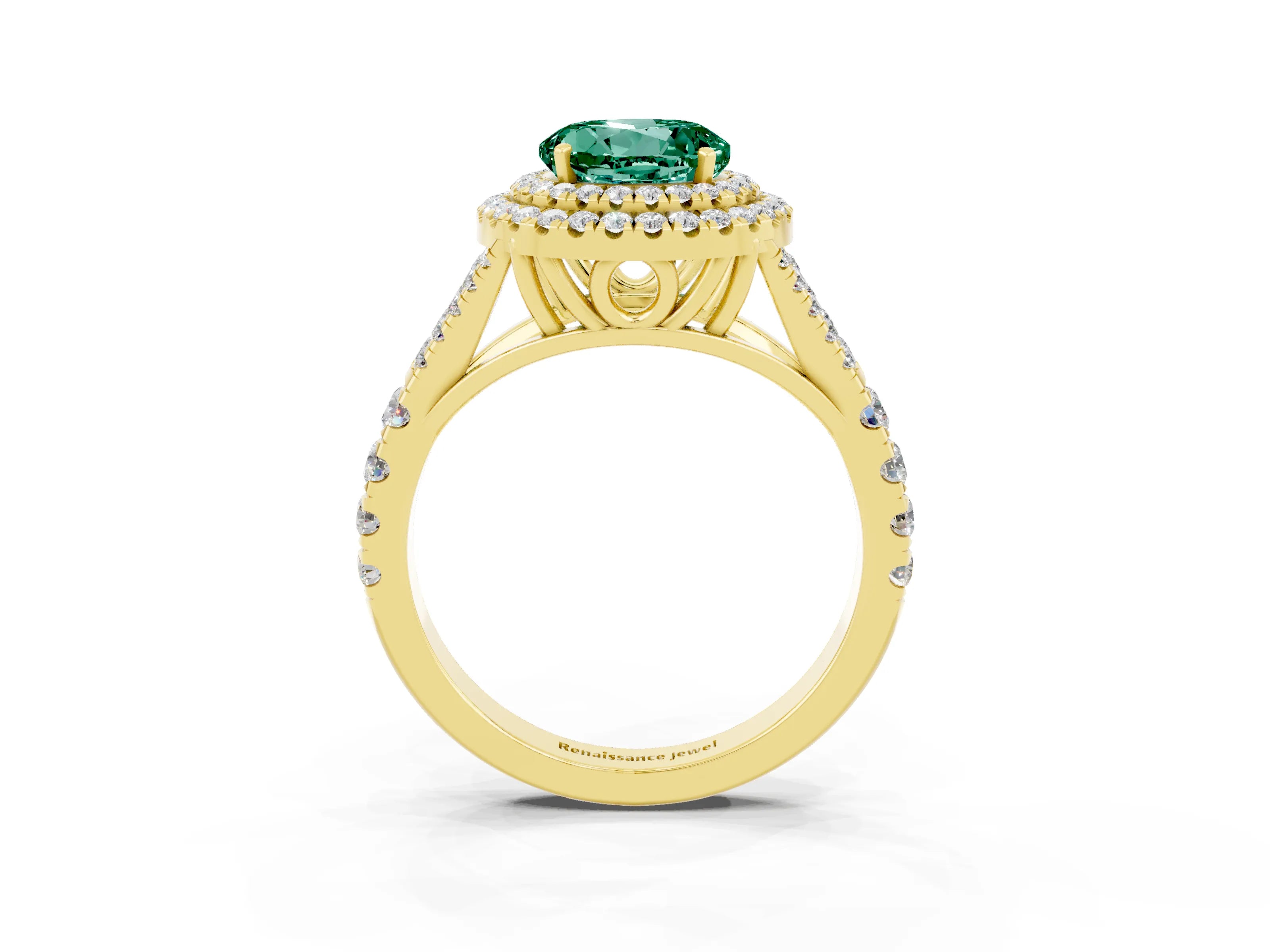 Yellow gold Double Halo Round Cut Green Sapphire Pavé Split Shank Ring with Prong Setting_3