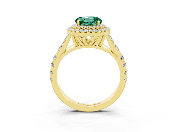 Yellow gold Double Halo Round Cut Green Sapphire Pavé Split Shank Ring with Prong Setting