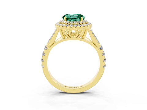 Yellow gold Double Halo Round Cut Green Sapphire Pavé Split Shank Ring with Prong Setting_3
