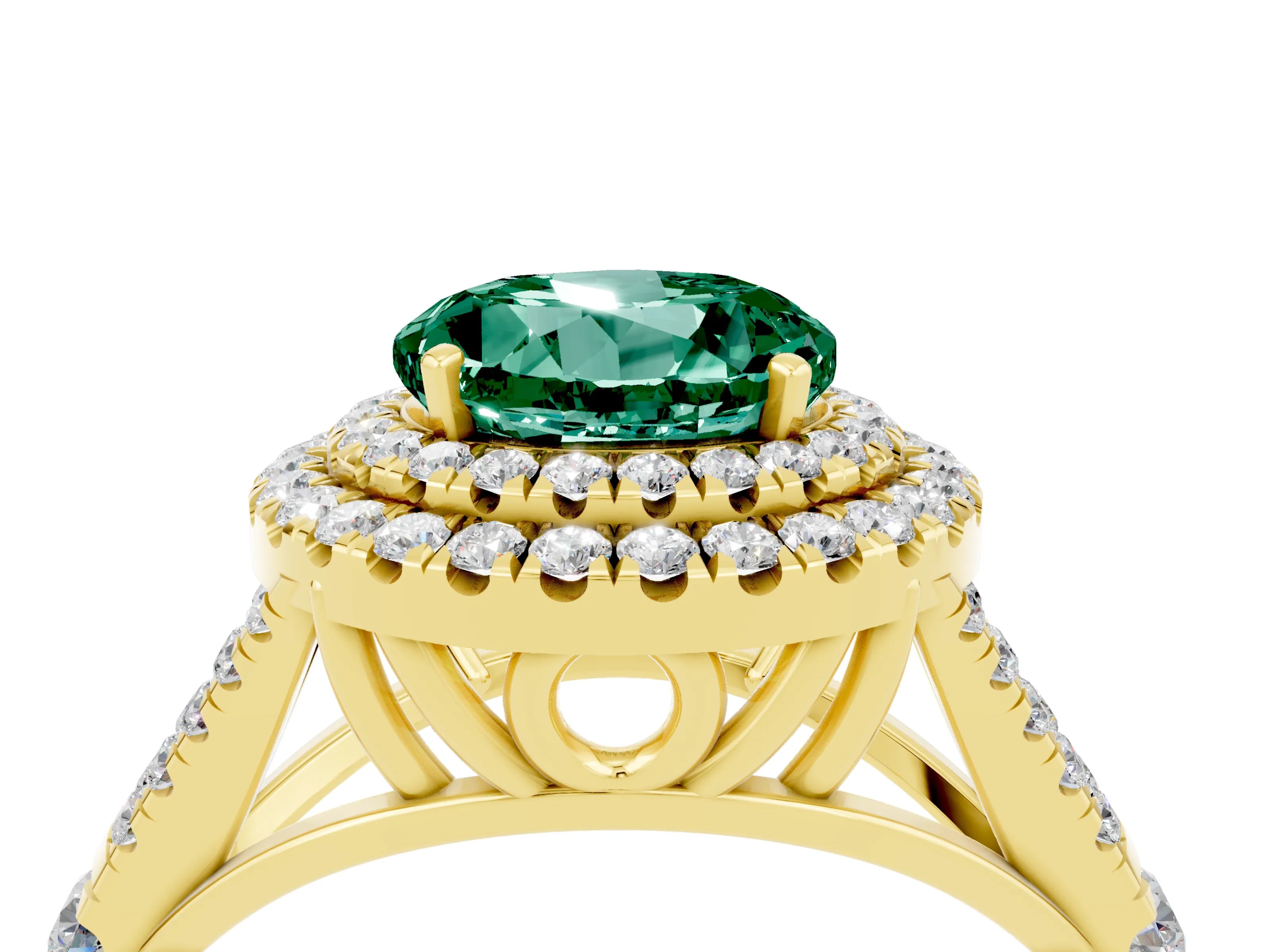 Yellow gold Double Halo Round Cut Green Sapphire Pavé Split Shank Ring with Prong Setting_4