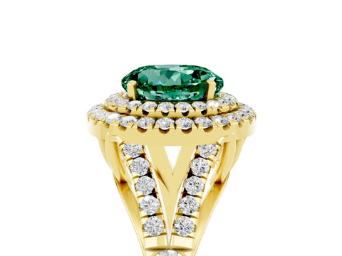 Yellow gold Double Halo Round Cut Green Sapphire Pavé Split Shank Ring with Prong Setting_5