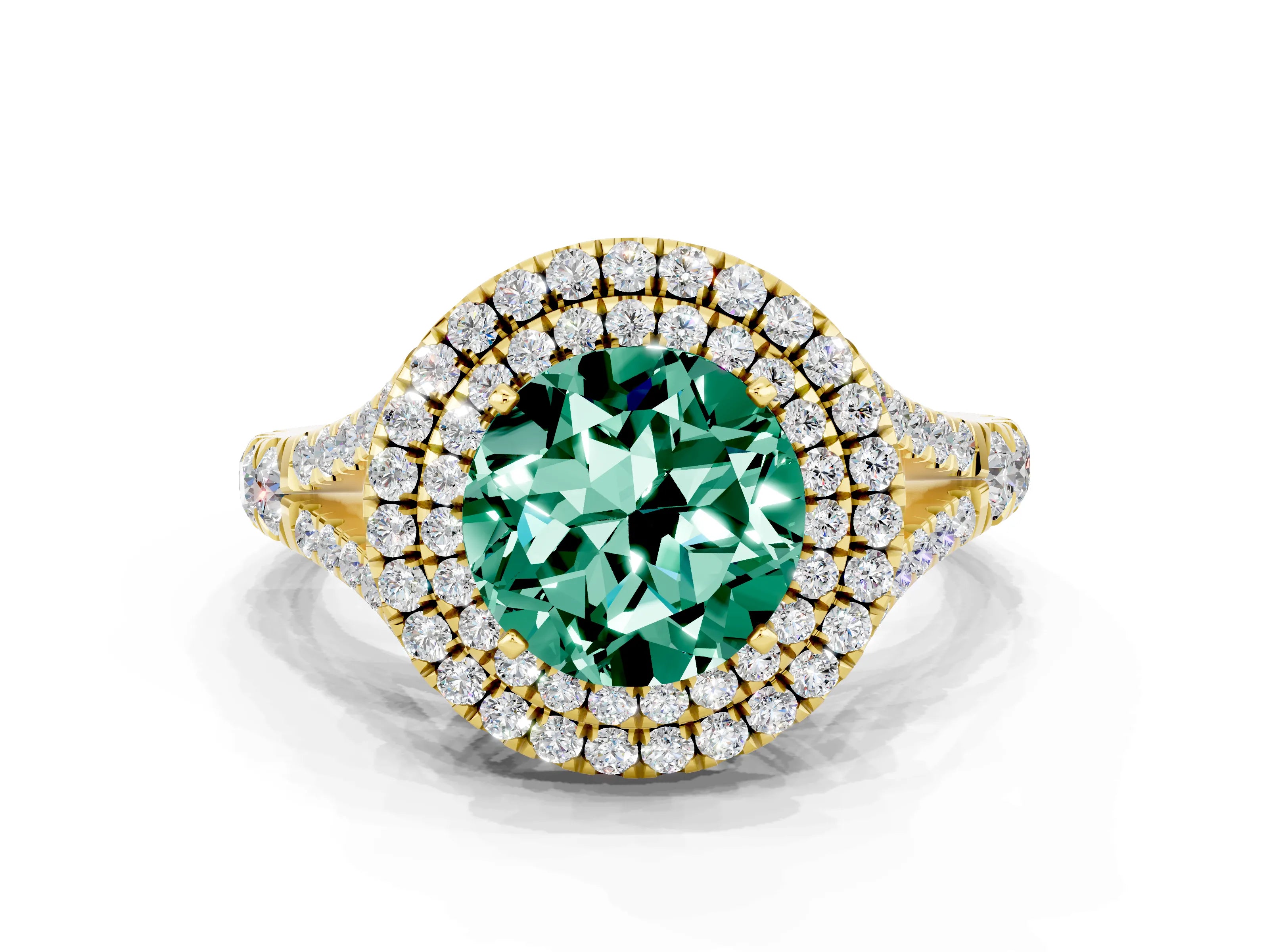 Yellow gold Double Halo Round Cut Green Sapphire Split Shank Engagement Ring with Four-Prong Setting