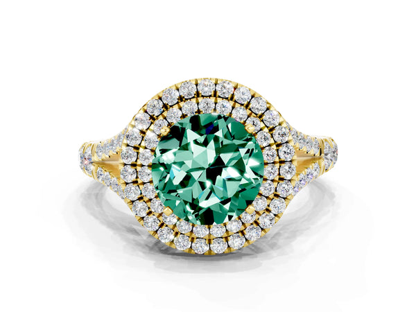 Yellow gold Double Halo Round Cut Green Sapphire Split Shank Engagement Ring with Four-Prong Setting