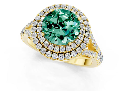 Yellow gold Double Halo Round Cut Green Sapphire Split Shank Engagement Ring with Four-Prong Setting_1