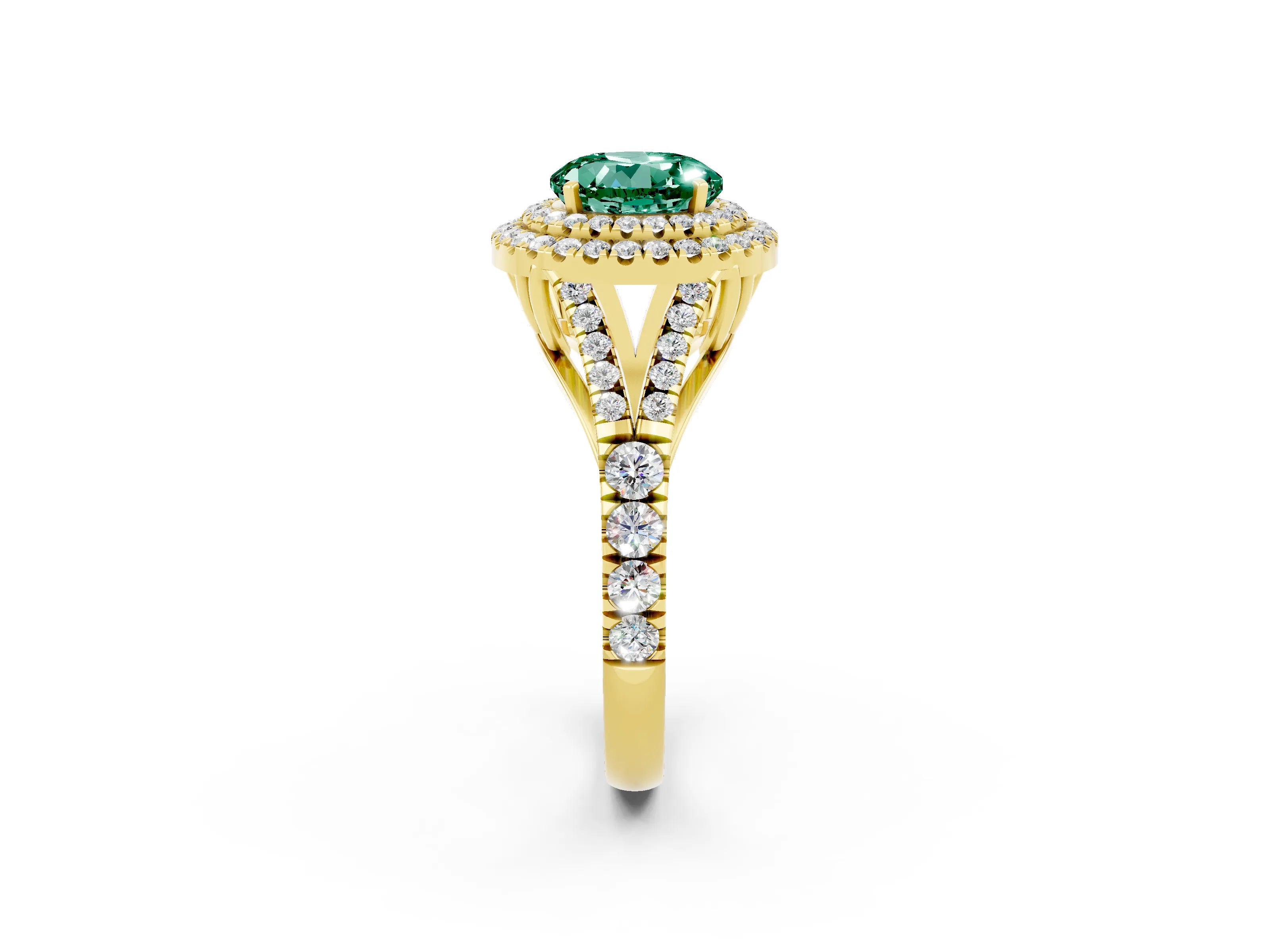 Yellow gold Double Halo Round Cut Green Sapphire Split Shank Engagement Ring with Four-Prong Setting_2