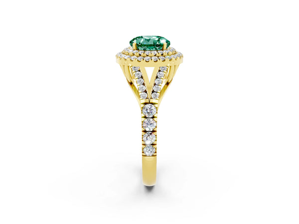 Yellow gold Double Halo Round Cut Green Sapphire Split Shank Engagement Ring with Four-Prong Setting