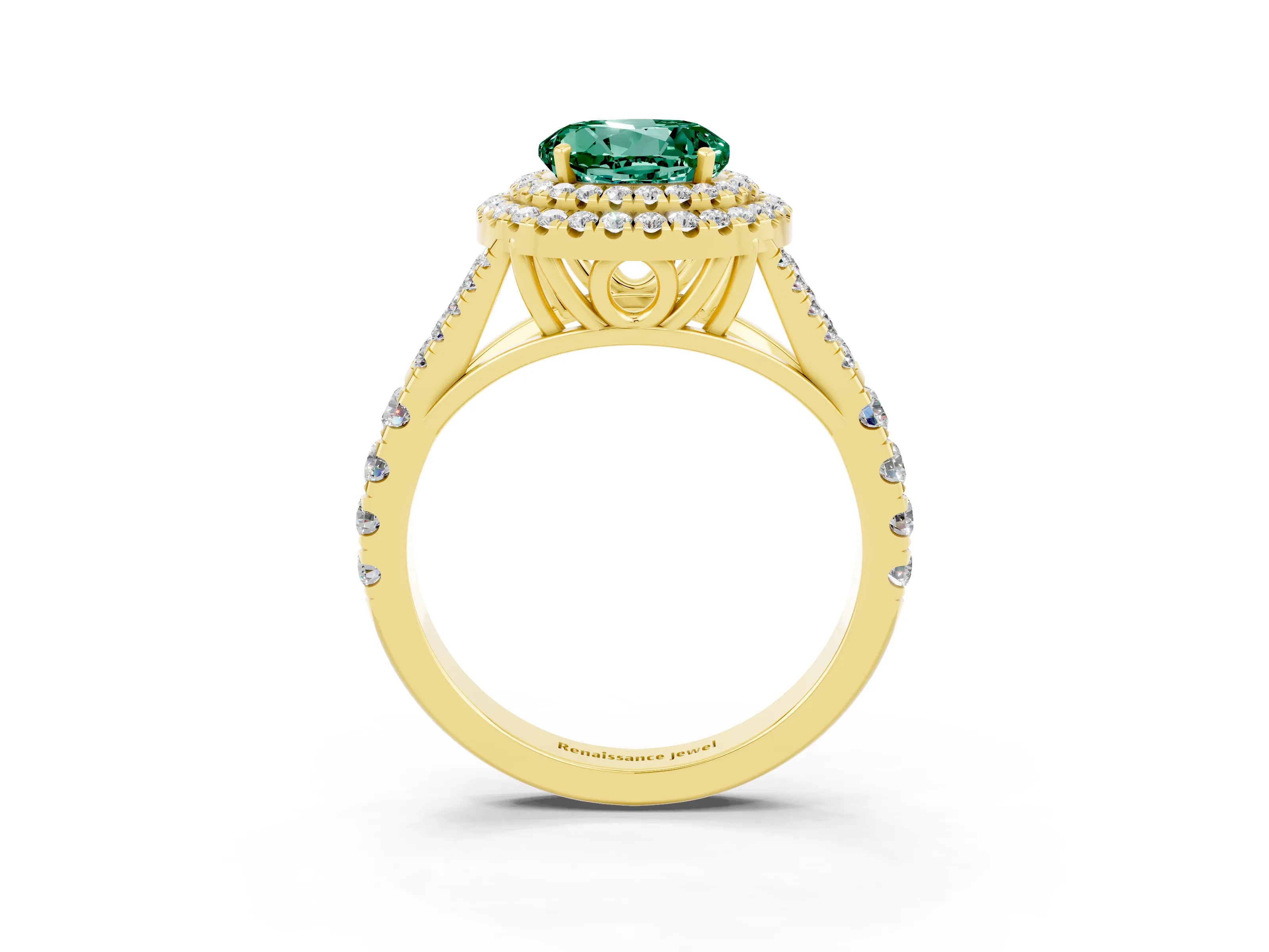 Yellow gold Double Halo Round Cut Green Sapphire Split Shank Engagement Ring with Four-Prong Setting_3