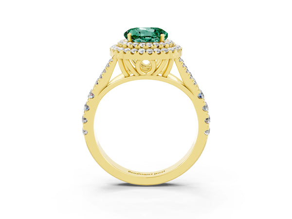 Yellow gold Double Halo Round Cut Green Sapphire Split Shank Engagement Ring with Four-Prong Setting