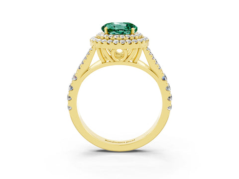 Yellow gold Double Halo Round Cut Green Sapphire Split Shank Engagement Ring with Four-Prong Setting_3