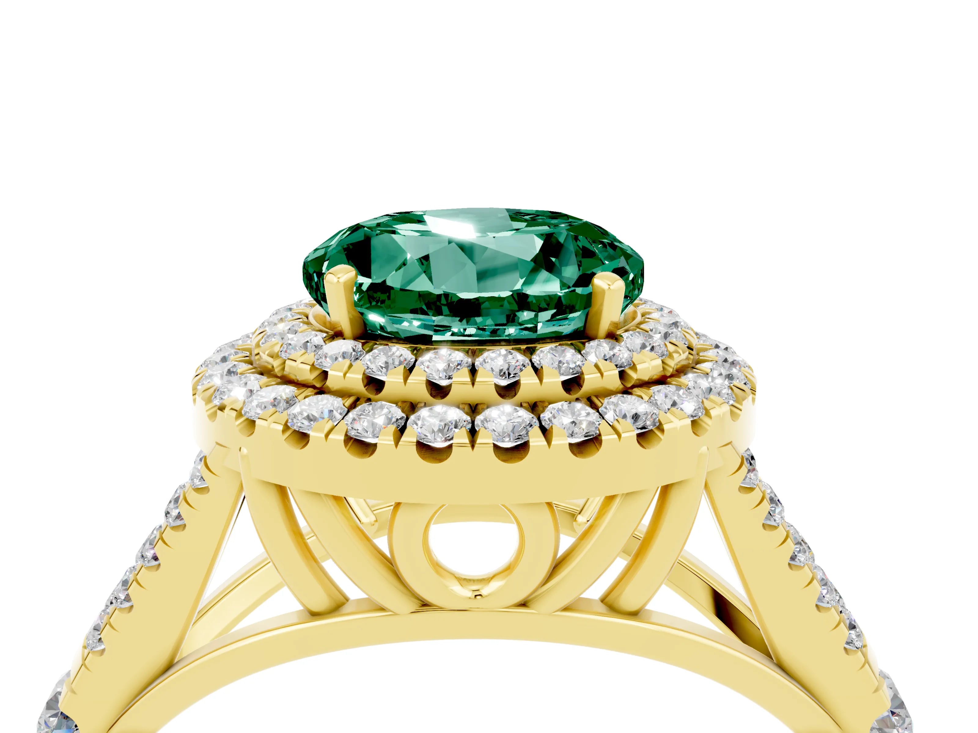 Yellow gold Double Halo Round Cut Green Sapphire Split Shank Engagement Ring with Four-Prong Setting_4