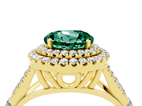 Yellow gold Double Halo Round Cut Green Sapphire Split Shank Engagement Ring with Four-Prong Setting_4