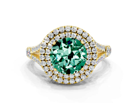 Yellow gold Double Halo Round Cut Green Sapphire Split Shank Engagement Ring with Four-Prong Setting
