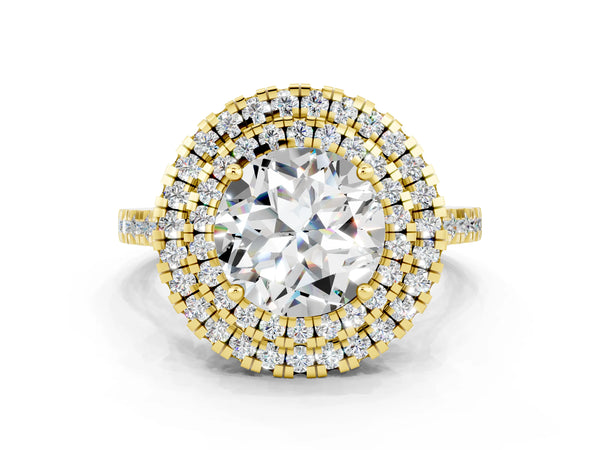 Yellow gold Double Halo Round Cut Moissanite Pavé Band with Four-Prong Setting