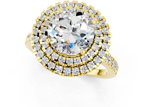 Yellow gold Double Halo Round Cut Moissanite Pavé Band with Four-Prong Setting_1