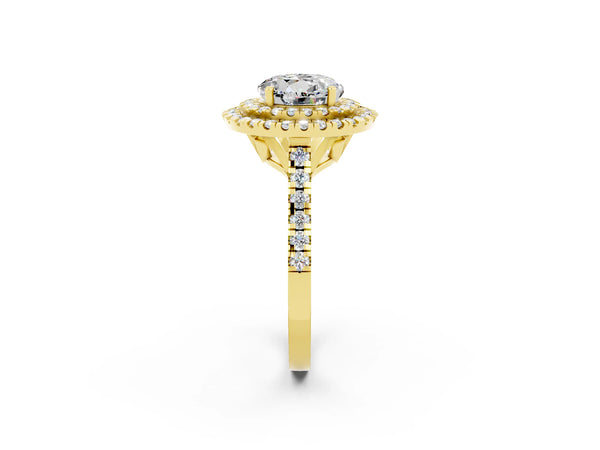 Yellow gold Double Halo Round Cut Moissanite Pavé Band with Four-Prong Setting