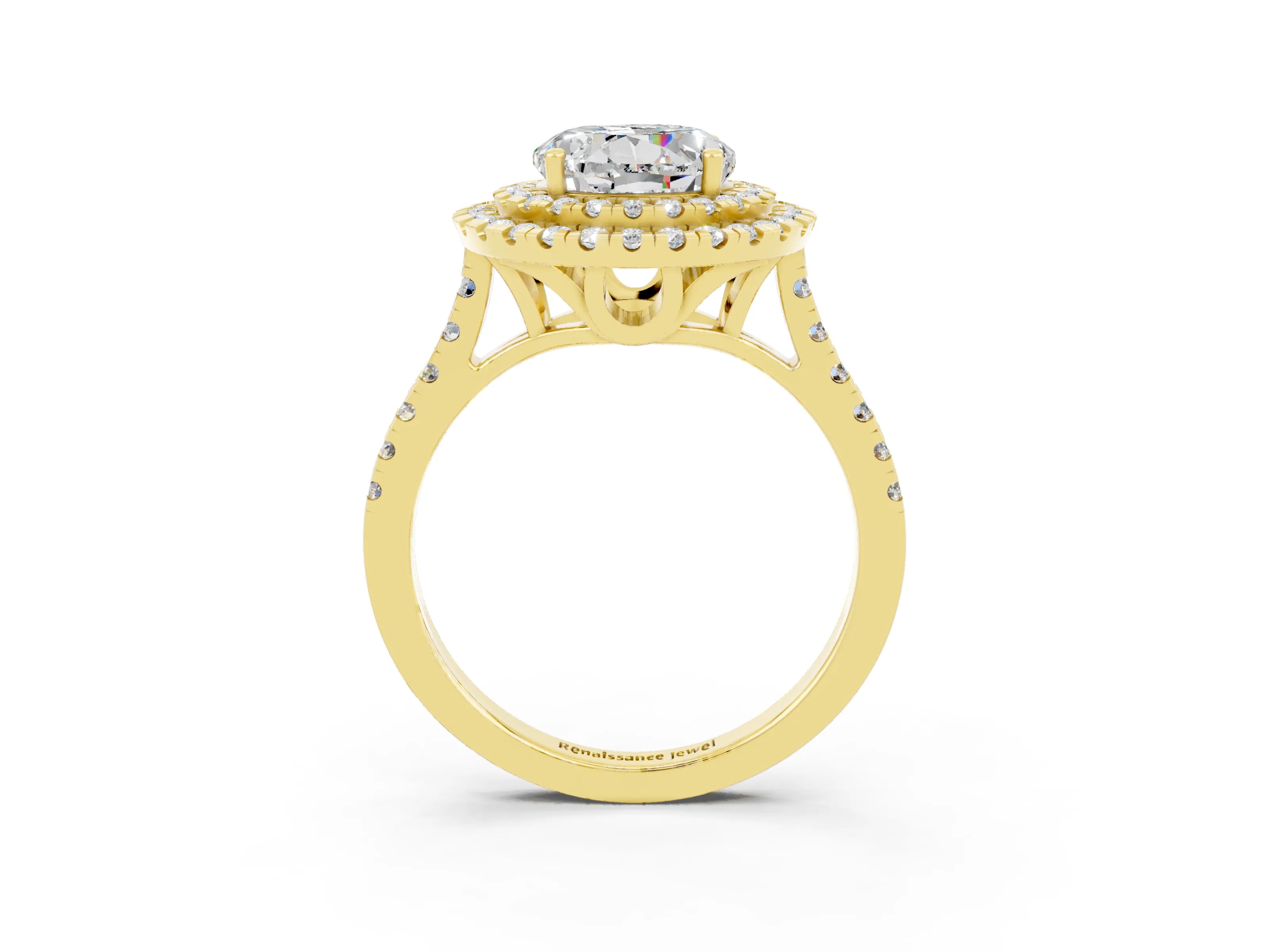 Yellow gold Double Halo Round Cut Moissanite Pavé Band with Four-Prong Setting_3