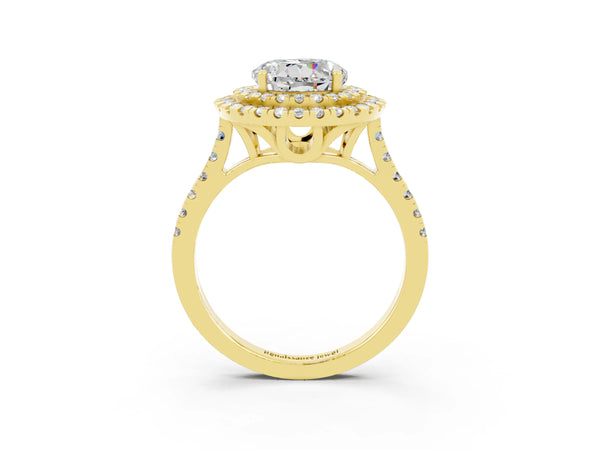 Yellow gold Double Halo Round Cut Moissanite Pavé Band with Four-Prong Setting