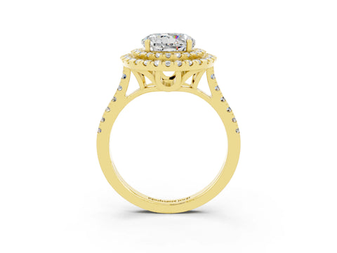 Yellow gold Double Halo Round Cut Moissanite Pavé Band with Four-Prong Setting_3