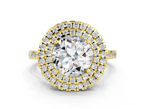 Yellow gold Double Halo Round Cut Moissanite Pavé Band with Four-Prong Setting