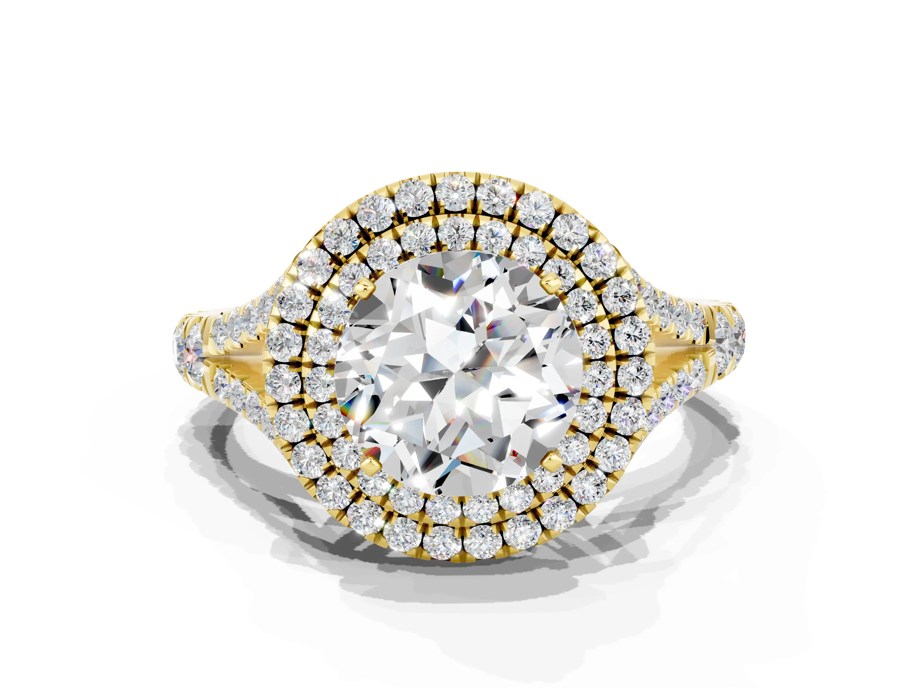 Yellow gold Double Halo Round Cut Moissanite Pavé Split Shank Ring with Prong Setting