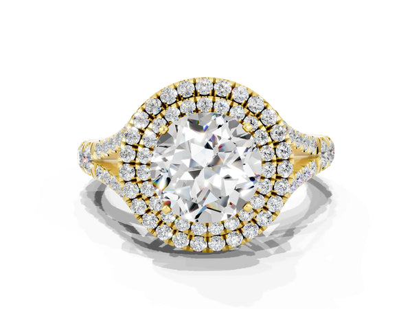 Yellow gold Double Halo Round Cut Moissanite Pavé Split Shank Ring with Prong Setting