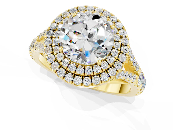 Yellow gold Double Halo Round Cut Moissanite Pavé Split Shank Ring with Prong Setting