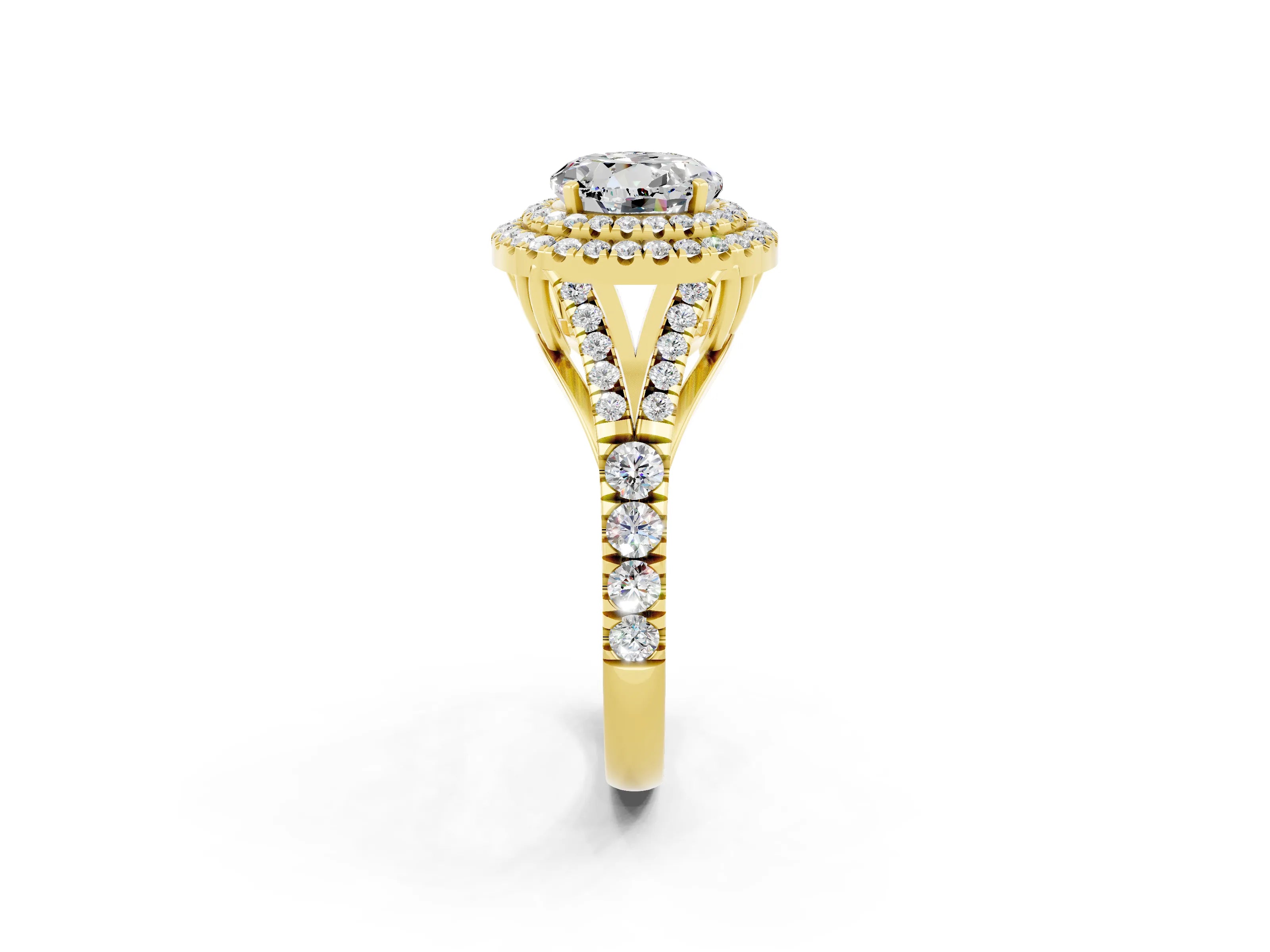 Yellow gold Double Halo Round Cut Moissanite Pavé Split Shank Ring with Prong Setting_2