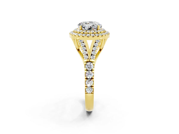 Yellow gold Double Halo Round Cut Moissanite Pavé Split Shank Ring with Prong Setting