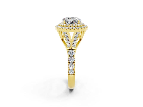 Yellow gold Double Halo Round Cut Moissanite Pavé Split Shank Ring with Prong Setting_2