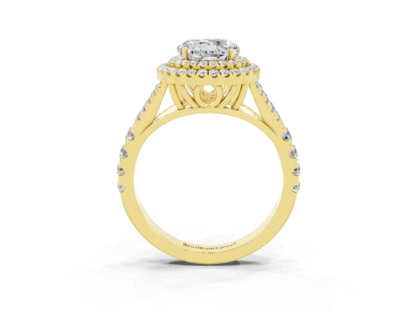 Yellow gold Double Halo Round Cut Moissanite Pavé Split Shank Ring with Prong Setting