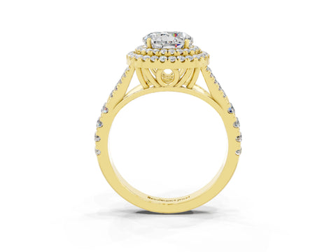 Yellow gold Double Halo Round Cut Moissanite Pavé Split Shank Ring with Prong Setting_3