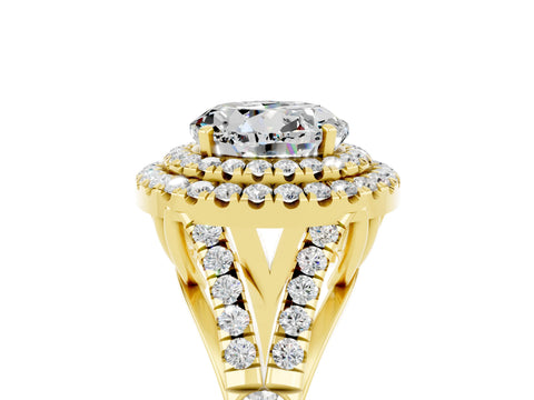 Yellow gold Double Halo Round Cut Moissanite Pavé Split Shank Ring with Prong Setting_5