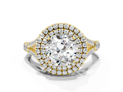 Yellow gold Double Halo Round Cut Moissanite Pavé Split Shank Ring with Prong Setting