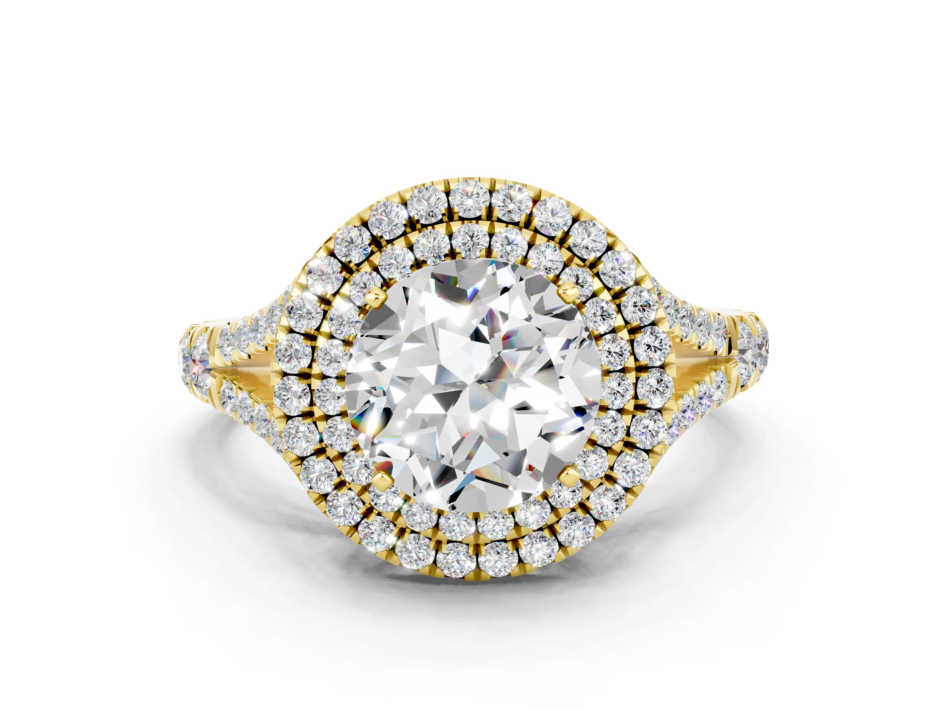 Yellow gold Double Halo Round Cut Moissanite Split Shank Engagement Ring with Four-Prong Setting