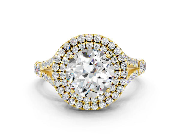 Yellow gold Double Halo Round Cut Moissanite Split Shank Engagement Ring with Four-Prong Setting