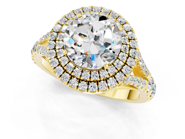 Yellow gold Double Halo Round Cut Moissanite Split Shank Engagement Ring with Four-Prong Setting
