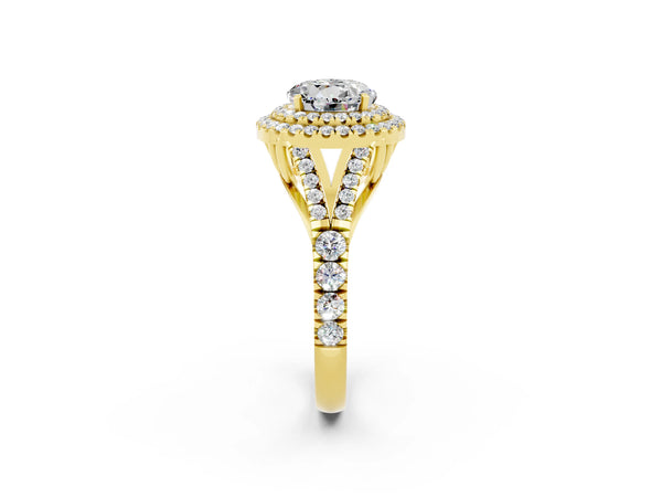Yellow gold Double Halo Round Cut Moissanite Split Shank Engagement Ring with Four-Prong Setting