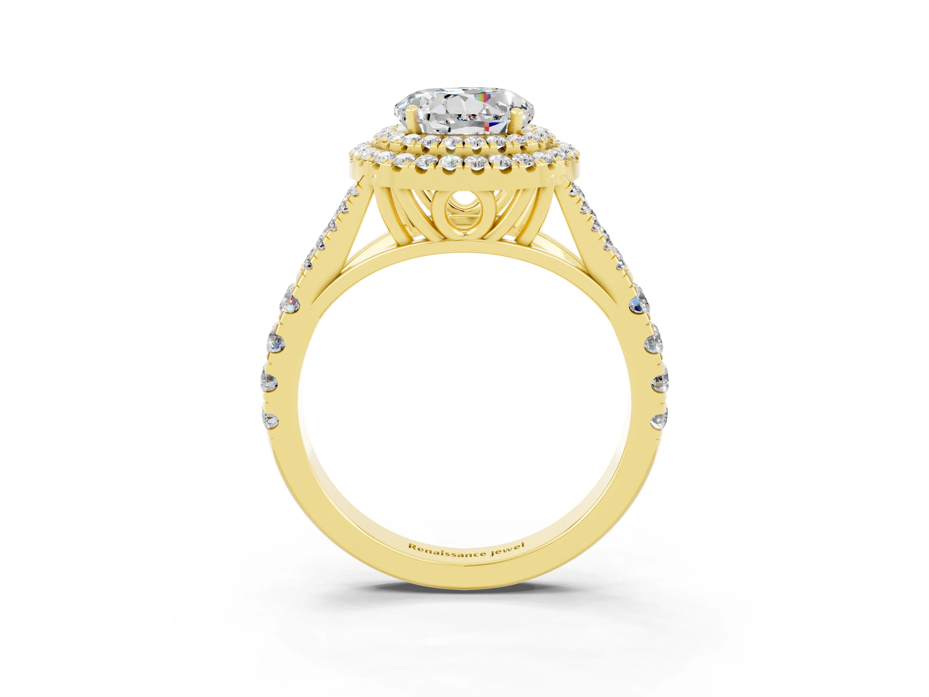 Yellow gold Double Halo Round Cut Moissanite Split Shank Engagement Ring with Four-Prong Setting_3