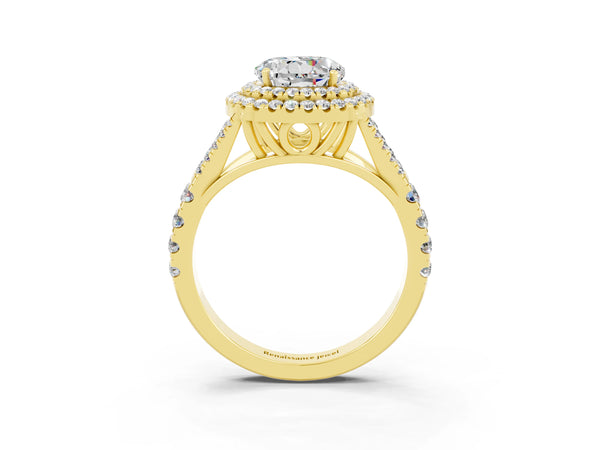 Yellow gold Double Halo Round Cut Moissanite Split Shank Engagement Ring with Four-Prong Setting