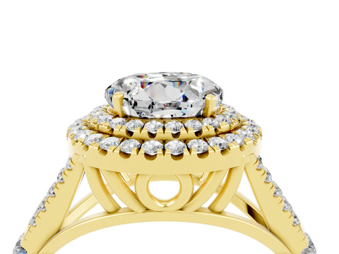 Yellow gold Double Halo Round Cut Moissanite Split Shank Engagement Ring with Four-Prong Setting_4